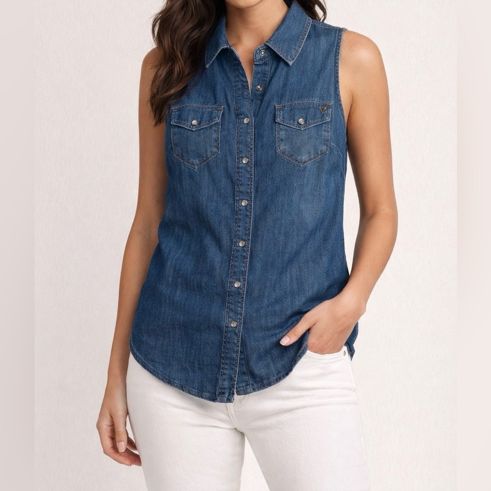 Guess Sleeveless Denim Button-Front Tank Top - Blue